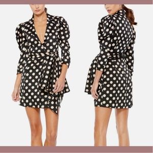 NEW IEENA Mac Duggal [ 0‎ ] Polka Dot Puff Sleeve Soft Tie Tuxedo Dress Black